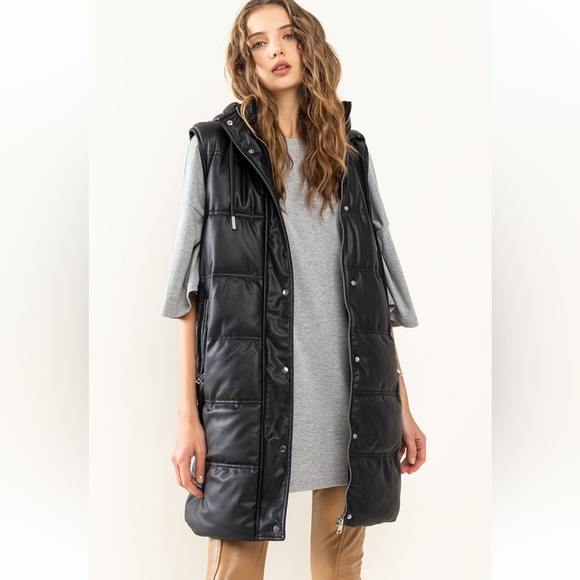 Faux Leather Hoodie Puffer Long Vest Jacket - Picture 2 of 6